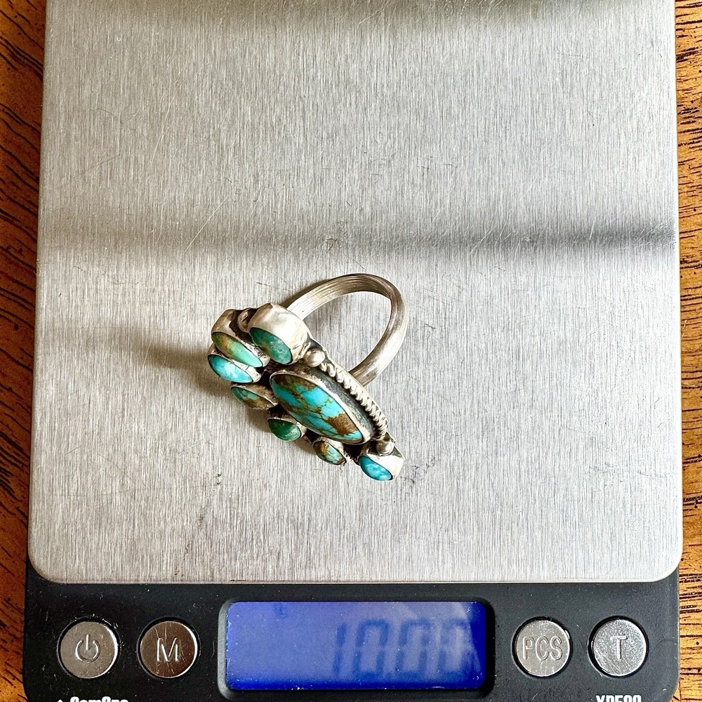 Navajo Turquoise Ring Half Cluster Sz7 Adj Sterling Signed G James‎ Native Amer - Picture 8 of 8